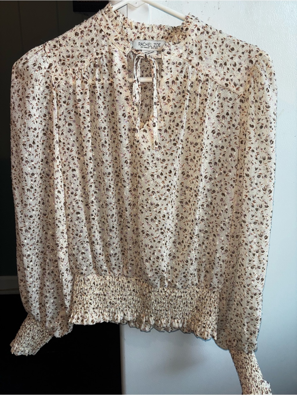 Rachel Zoe Cream Floral Tie-Neck Smocked Hem Blouse